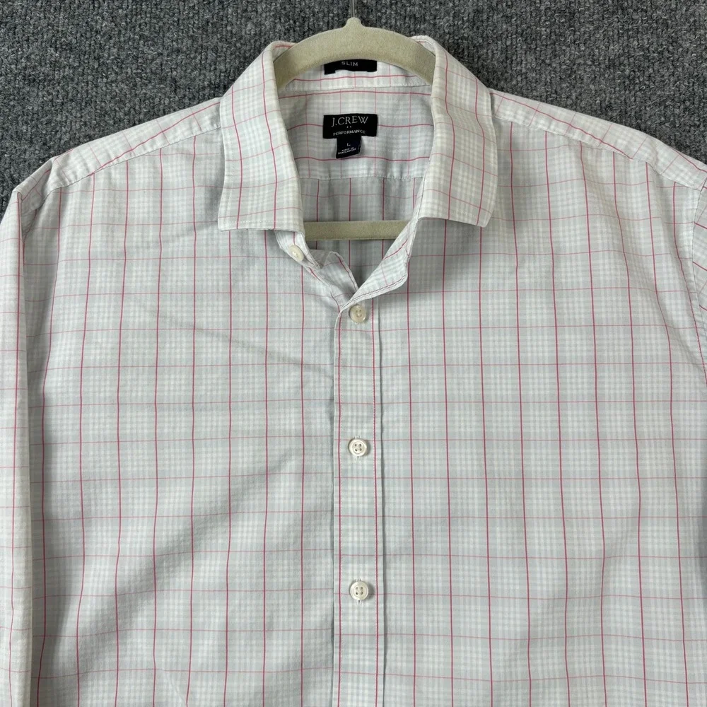 J.Crew Mens Performance Slim Fit Shirt Large White Pink Plaid Long Sleeve Button